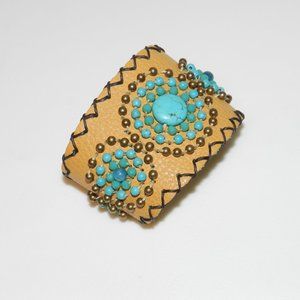 Women's Hand Made Leather Bracelet Turquoise Cuff Native American
